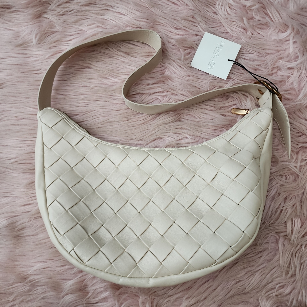Rachel Zoe Cream Crescent Faux Leather Woven Hobo Crossbody Shoulder Bag
